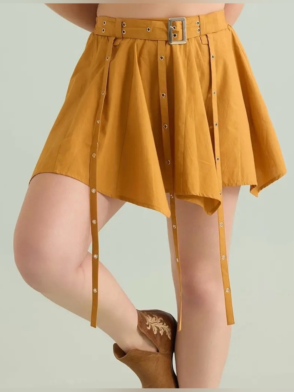 BOHERA Asymmetric Mustard Mini Skirt w/Buckle Belt and Strap Details Size M NWT